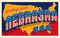 Nebraska USA. Retro style postcard with patriotic stars and stripes lettering