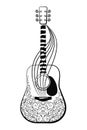 Black guitar on a white background. Ornamented guitar, vector