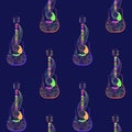 Seamless pattern. Colorful guitars on a blue background. Ornamented guitar, vector