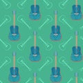 Seamless pattern. Colorful guitars on a green background. Ornamented guitar, vector