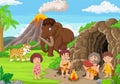 Cartoon ancient cavemen in stone age with mammoth and sabertooth Royalty Free Stock Photo