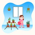 Girl watering a plant with flat style. Kids taking care of plant. Gardening at home design