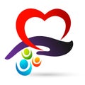 Family union love hand care red heart happiness wellness love clinic protect people life care healthy heart logo design