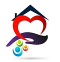 Family union love hand home care red heart happiness wellness love clinic protect people life care healthy heart logo design