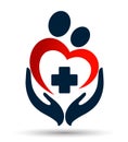 Medical red heart love clinic protect people hands life care logo design icon logo