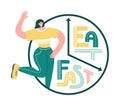 Intermittent fasting. Happy smiling woman and Eat and Fast phrase. Royalty Free Stock Photo