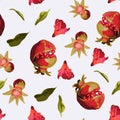 Seamless pattern with pomegranate fruits on vintage blue background. Design for cosmetics, spa, pomegranate juice.