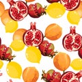 Tropical Fruits Seamless Background, Summer Pattern. Illustration of Oranges, Lemons, Pomegranates.