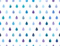 Seamless watercolor rainy background. Blue raindrops pattern.