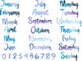 Watercolor lettering of month names, days of week, dates/numbers.