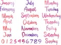 Watercolor lettering of month names, days of week, dates/numbers.