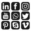 Facebook, Instagram, whatsapp, youtube Linkedin twitter vimeo skyp pinteret logo icon in black vector isolated on white background