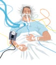 Illustration of a COVID-19 patient in the hospital on a ventilator