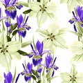 Seamless pattern with watercolor style flowers. Iris. White lilies. Royalty Free Stock Photo