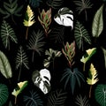 Seamless pattern with traditional home plant leaves, monstera, palm. Tropical texture with many kind of leaves.