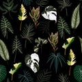 Seamless pattern with traditional home plant leaves, monstera, palm.  Tropical texture with many kind of leaves. Royalty Free Stock Photo