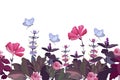 Vector floral seamless border. Summer pattern with pink flowers, violet leaves, butterflies. Royalty Free Stock Photo