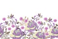 Vector floral seamless pattern, border. Purple, pink flowers with branches and leaves. Royalty Free Stock Photo