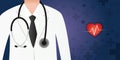 Doctor lab coat with stethoscope close up on medical background. Web banner with medical character. Vector illustration.