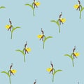 Seamless pattern tropical flower, watercolor style, yellow orchids on vintage blue background. Royalty Free Stock Photo