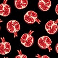 Seamless pattern with half pomegranate fruits on black background. Design for cosmetics, spa, pomegranate juice.