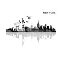 Cityscape View Of New York Black And White Vector Illustration. Tourism And Travel Poster Background. Famous New York Skyline Land