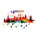 Colorful Cityscape View Of Chicago Vector Illustration. Tourism And Travel Poster Background. Famous Chicago Skyline Landmarks Des