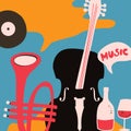 Music and wine promotional poster with violoncello and trumpet flat vector illustration. Colorful music background, music show, li