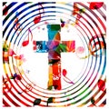 Colorful christian cross with music notes isolated vector illustration. Religion themed background. Design for gospel church music Royalty Free Stock Photo