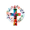 Colorful christian cross with music notes isolated vector illustration. Religion themed background. Design for gospel church music Royalty Free Stock Photo