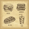 Hand drawn fast food set. Burger. Cola. Hot dog. Sandwich. Retro style. Vector illustration. Royalty Free Stock Photo