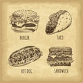 Hand drawn fast food set. Burger. Taco. Hot dog. Sandwich. Retro style. Vector illustration. Royalty Free Stock Photo