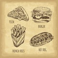 Hand drawn fast food set. Pizza. Burger. French fries. Hot dog. Retro style. Vector illustration. Royalty Free Stock Photo