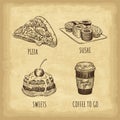 Hand drawn fast food set. Pizza. Sushi. Sweets. Coffee to go. Retro style. Vector illustration. Royalty Free Stock Photo