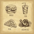 Hand drawn fast food set. Burger. Cola. Pizza. Chicken legs. Retro style. Vector illustration. Royalty Free Stock Photo