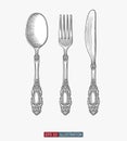 Hand drawn retro spoon, fork and knife. Engraved style vector illustration. Elements for your design works. Royalty Free Stock Photo