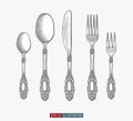 Hand drawn retro tea spoons, forks and knife. Engraved style vector illustration.