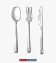 Hand drawn modern spoon, fork and knife. Engraved style vector illustration. Royalty Free Stock Photo