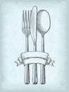Hand drawn spoon, fork and knife with ribbon banner. Old craft paper texture background. Royalty Free Stock Photo