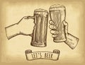 Hands holding and clinking beer glasses. Old paper texture background. Engraved style. Hand drawn vector illustration. Royalty Free Stock Photo