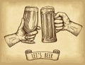 Hands holding and clinking beer glasses. Old paper texture background. Engraved style. Hand drawn vector illustration. Royalty Free Stock Photo