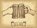Hands holding and clinking beer glasses. Old paper texture background. Engraved style. Hand drawn vector illustration. Royalty Free Stock Photo