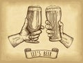 Hands holding and clinking beer glasses. Old paper texture background. Engraved style. Hand drawn vector illustration. Royalty Free Stock Photo