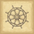 Hand drawn ship wheel. Old paper texture background. Template for your design works. Royalty Free Stock Photo