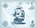 Hand drawn background with vintage sailing ship, compass, lighthouse, ship wheel, anchor and world map on old craft paper texture. Royalty Free Stock Photo