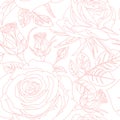 Seamless pattern with pink realistic linear Roses on white background. Hand drawn floral repeat ornament of blossoms in sketch sty