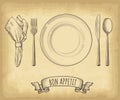 Hand drawn plate, napkin, spoon, fork and knife. Ribbon banner with Bon Appetit lettering. Engraved style vector illustration. Royalty Free Stock Photo