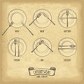 Hand drawn plate, fork and knife. Cutlery signs table etiquette. Engraved style vector illustration. Royalty Free Stock Photo