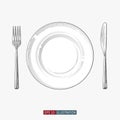 Hand drawn plate, fork and knife. Engraved style vector illustration. Royalty Free Stock Photo