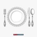 Hand drawn plate, spoon, fork and knife. Engraved style vector illustration. Royalty Free Stock Photo